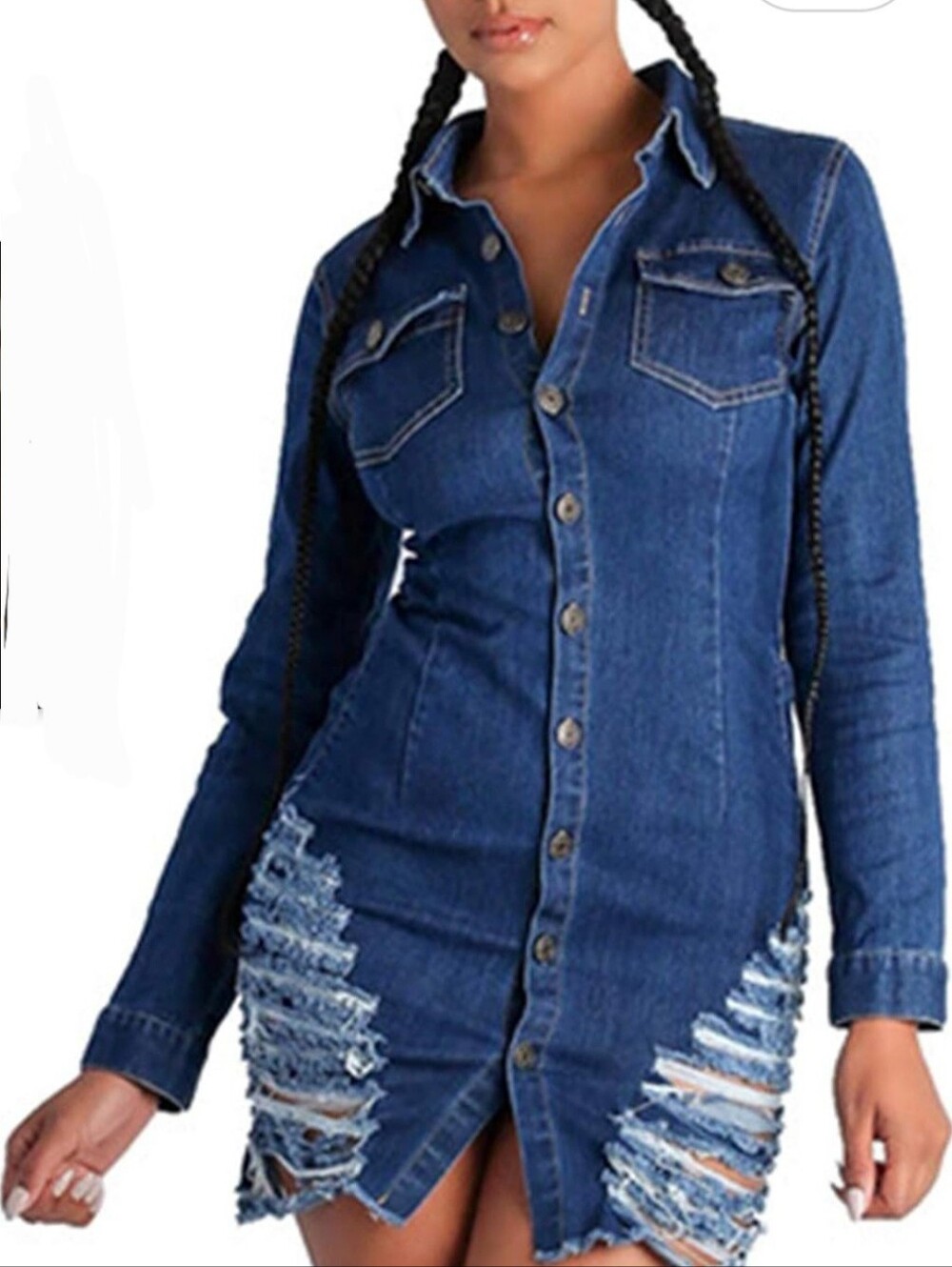 Denim Button Down Frayed Dress
